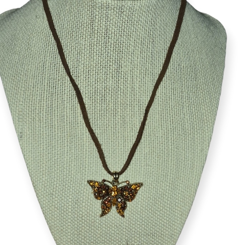 Vintage Amber Crystal Butterfly Necklace In Antique Gold Setting On Brown Suede